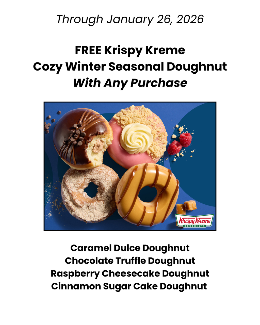 FREE Cozy Winter Donut with Purchase at Krispy Kreme on 1/26