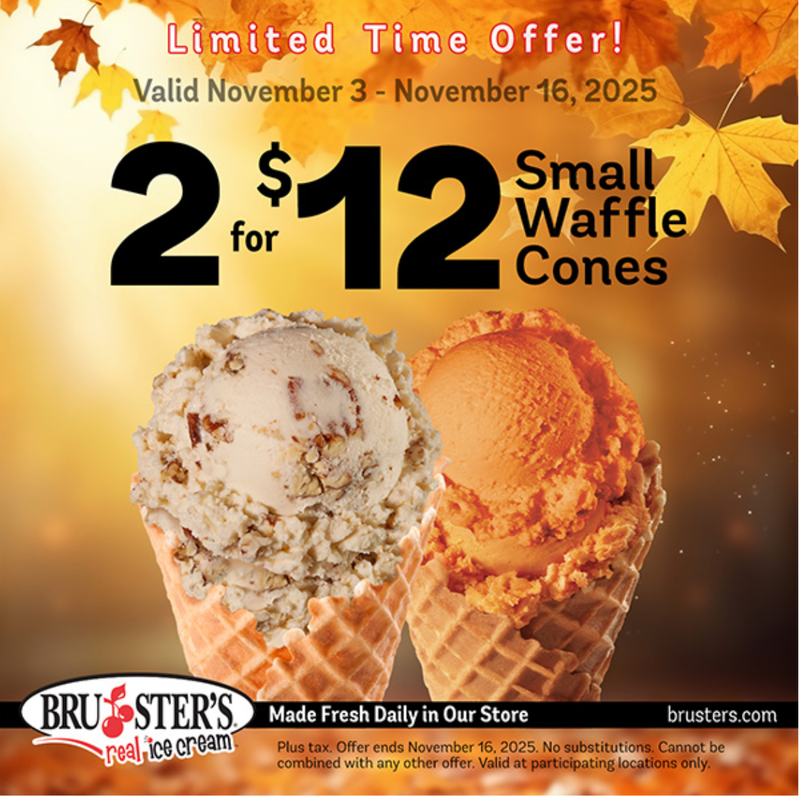 2 for $12 Small Waffle Cones at Bruster's
