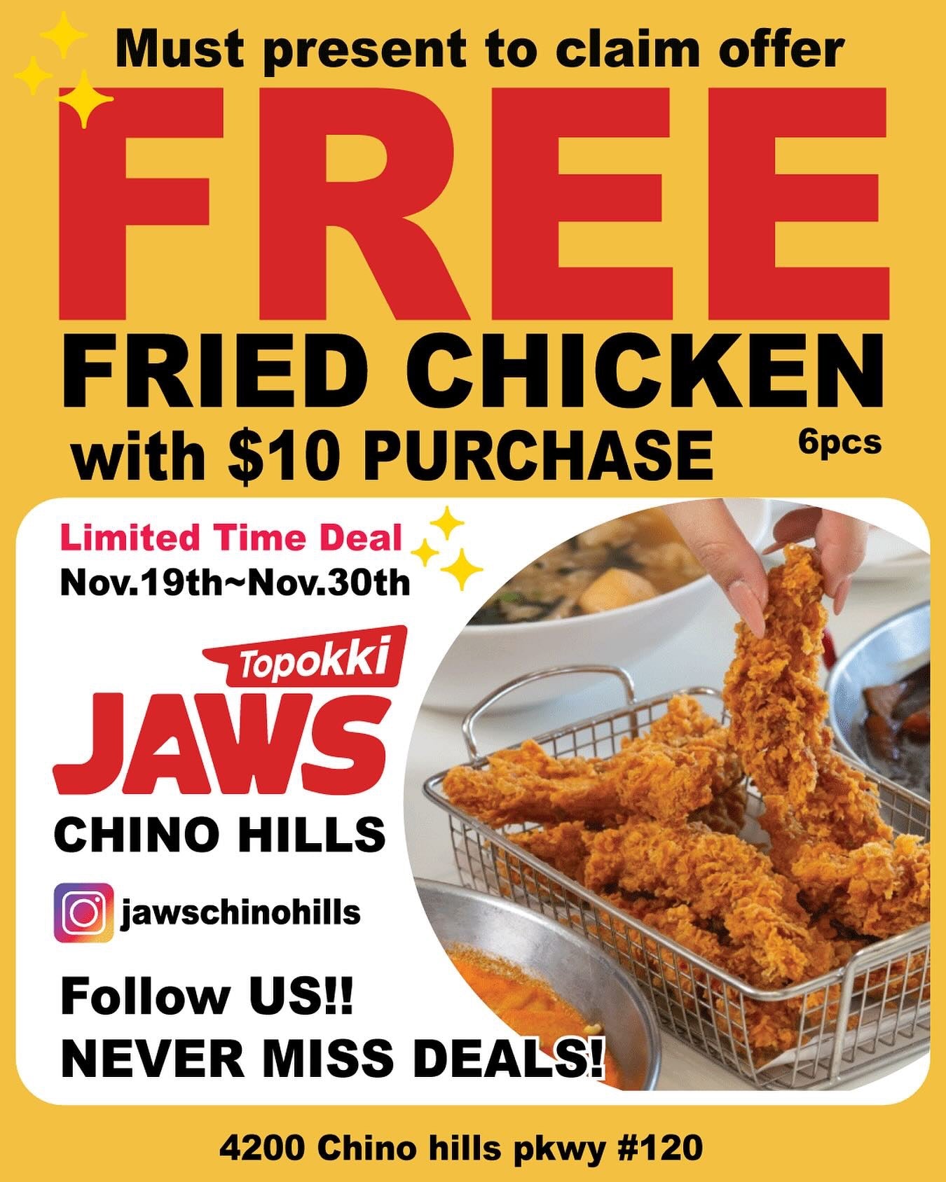 Jaws Topokki Opening Special: Free 6 Pcs Fried Chicken with any $10 Purchase