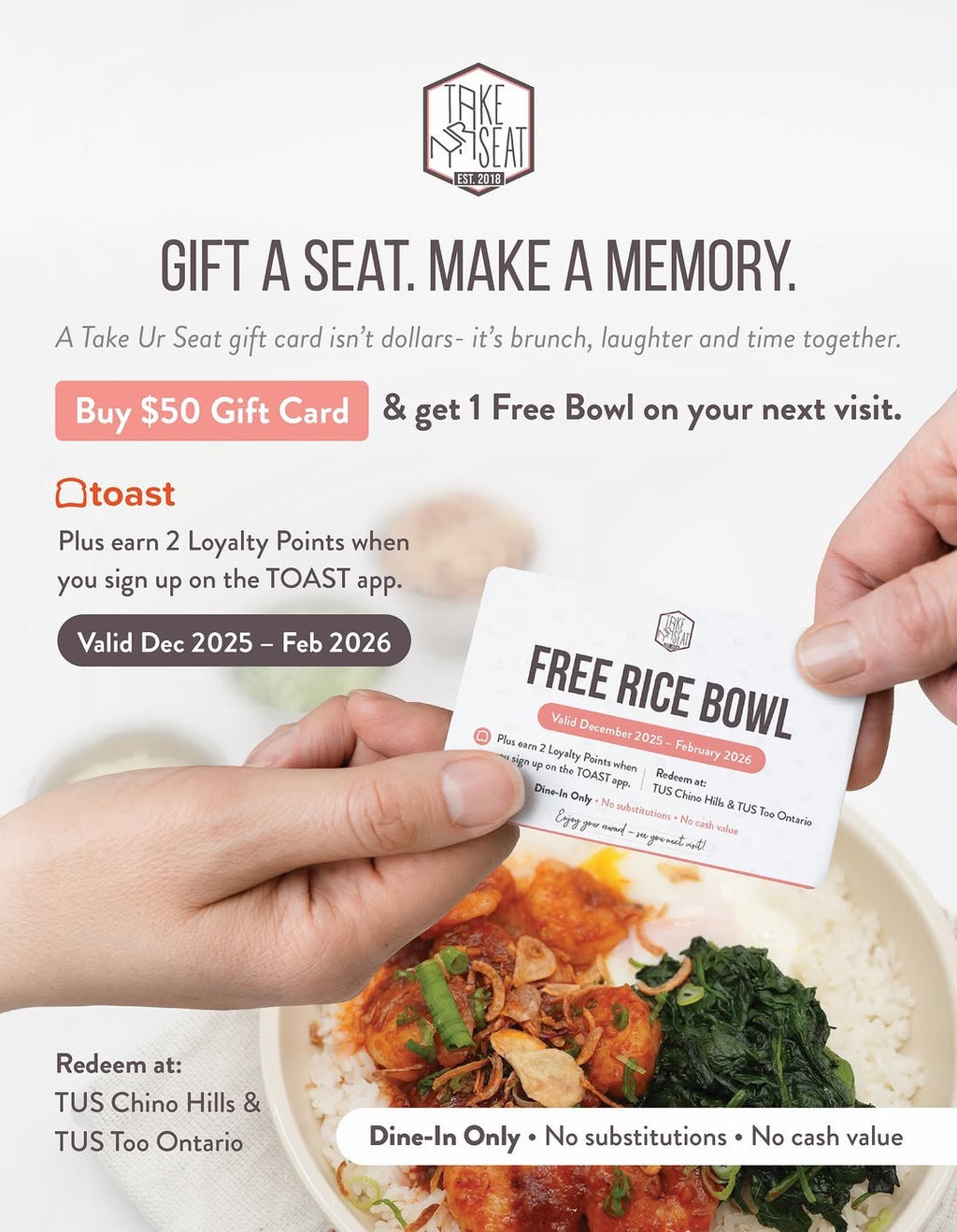 Buy $50, Get a FREE Bowl on Your Next Visit at Take Ur Seat
