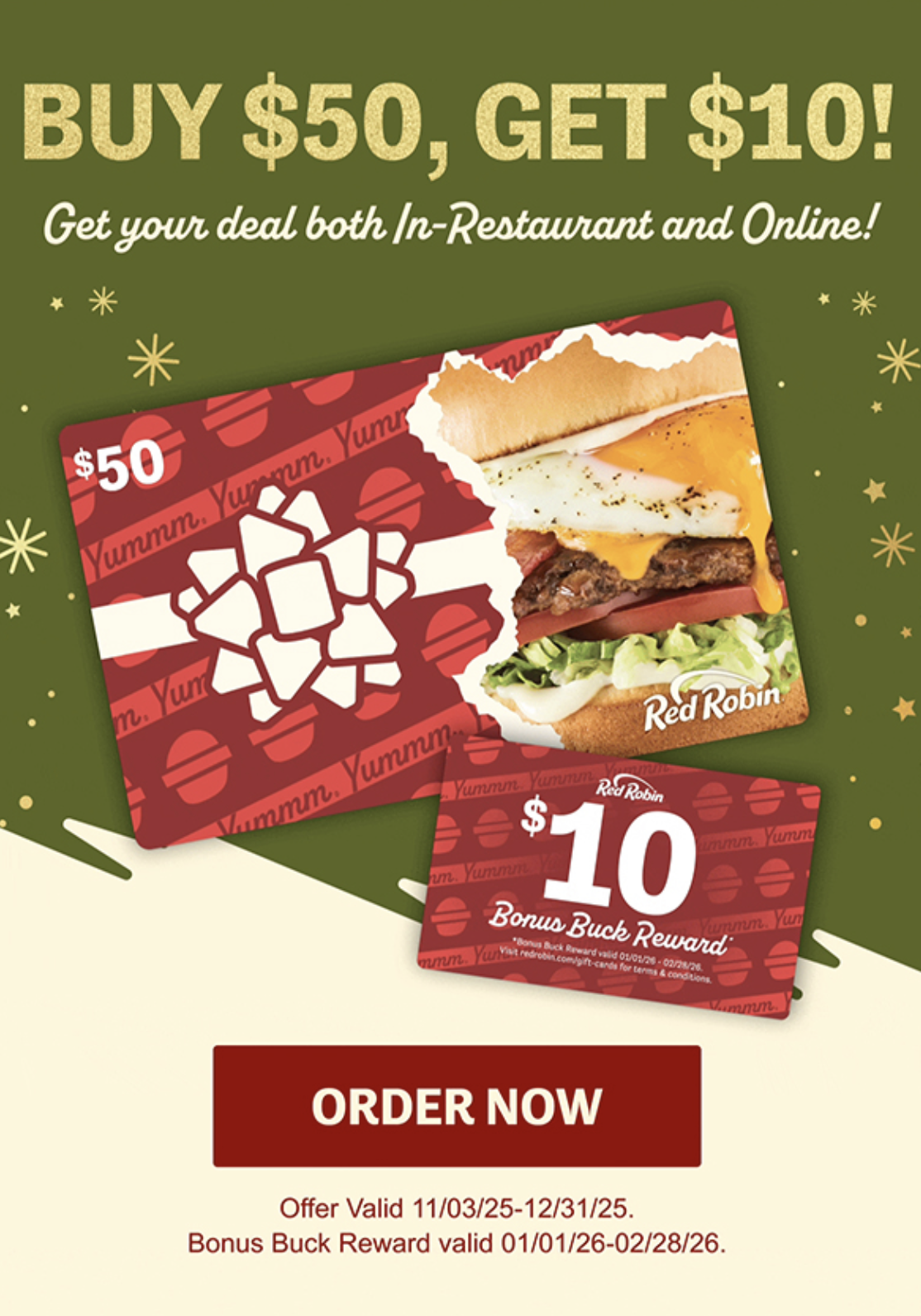 Buy $50 in Gift Cards, Get $10 Bonus Bucks at Red Robin
