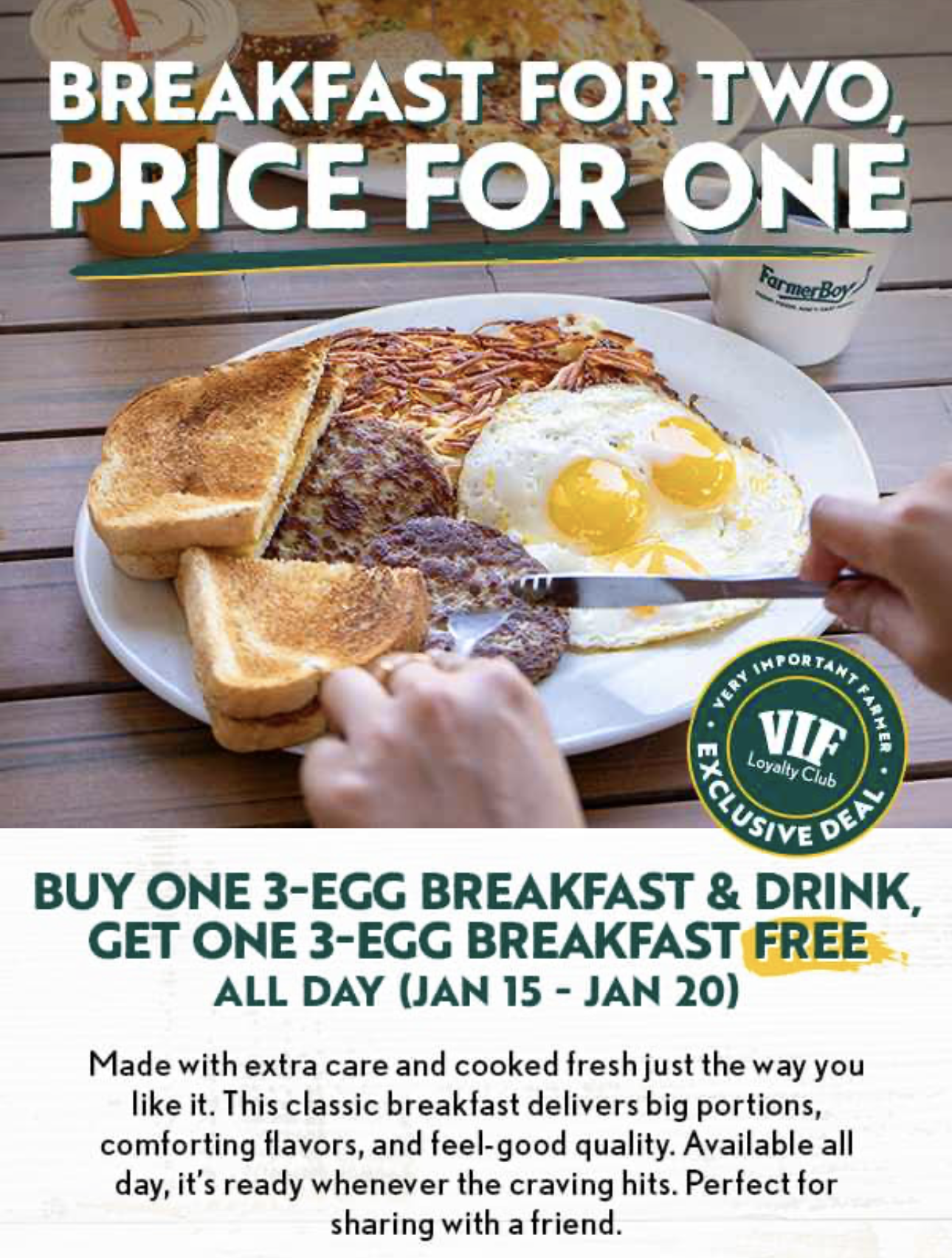 BOGO 3-Egg Breakfast & Drink at Farmer Boys