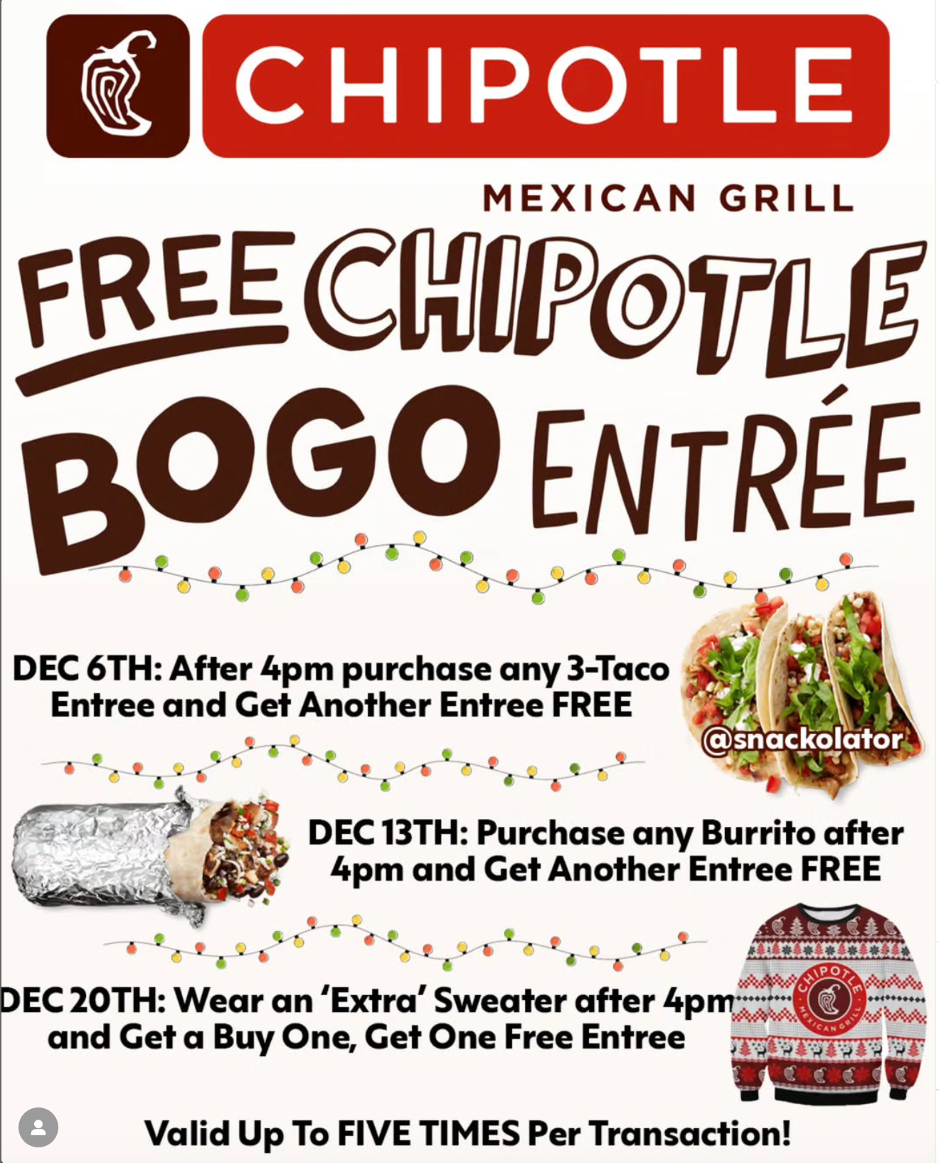 Free Chipotle BOGO Entrees in December