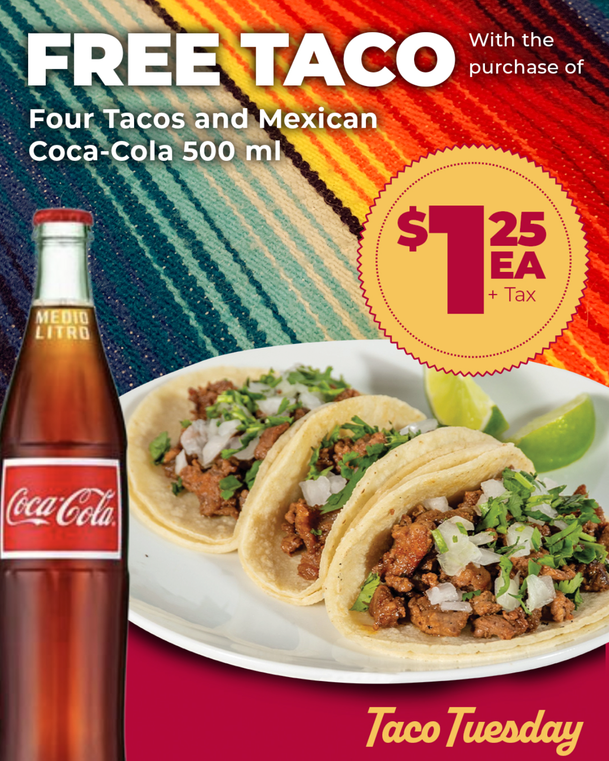 $1.25 Tacos & Buy 4 + Coke, Get 1 Free at Cardenas Market