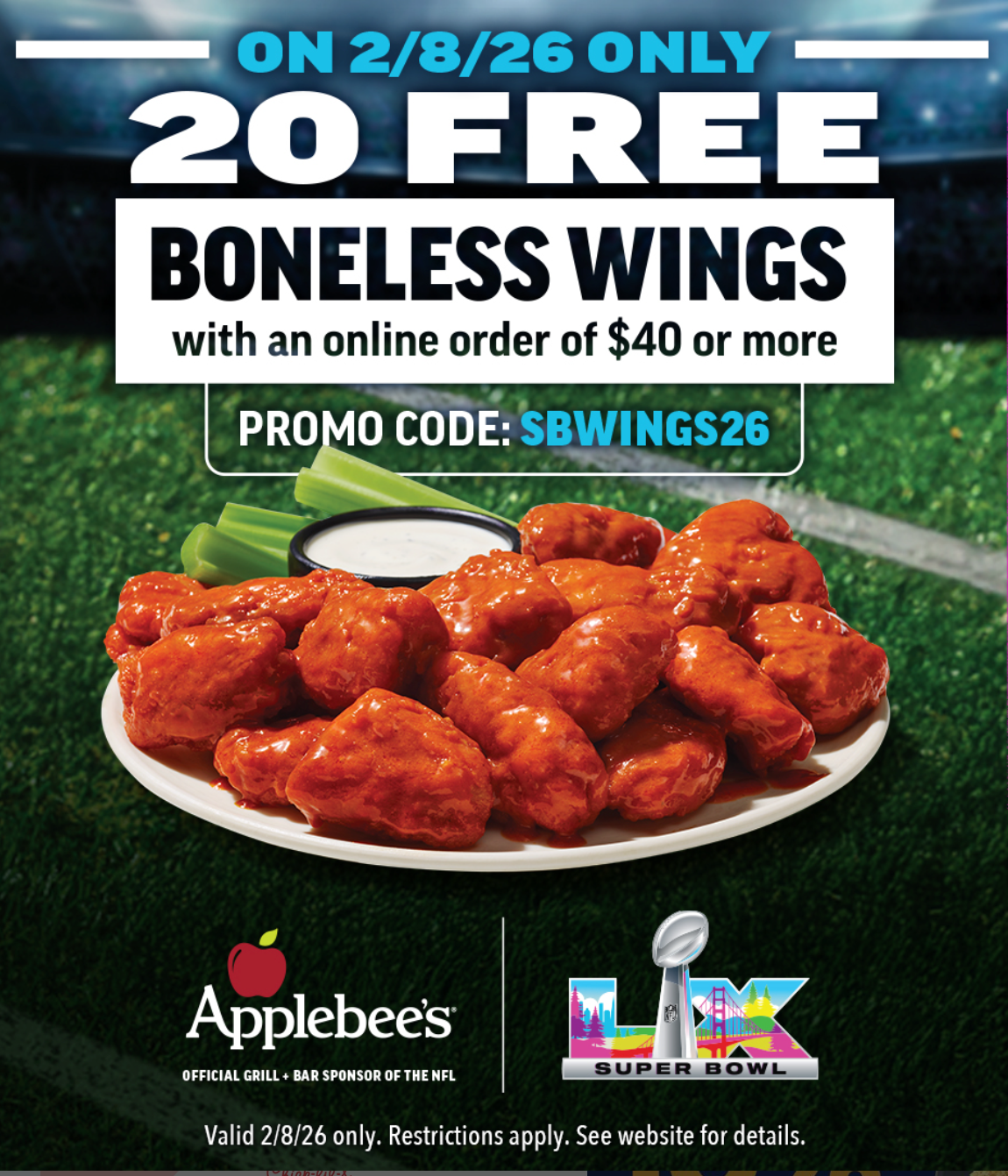 20 Free Boneless Wings with $40 Order at Applebee's on 2/8