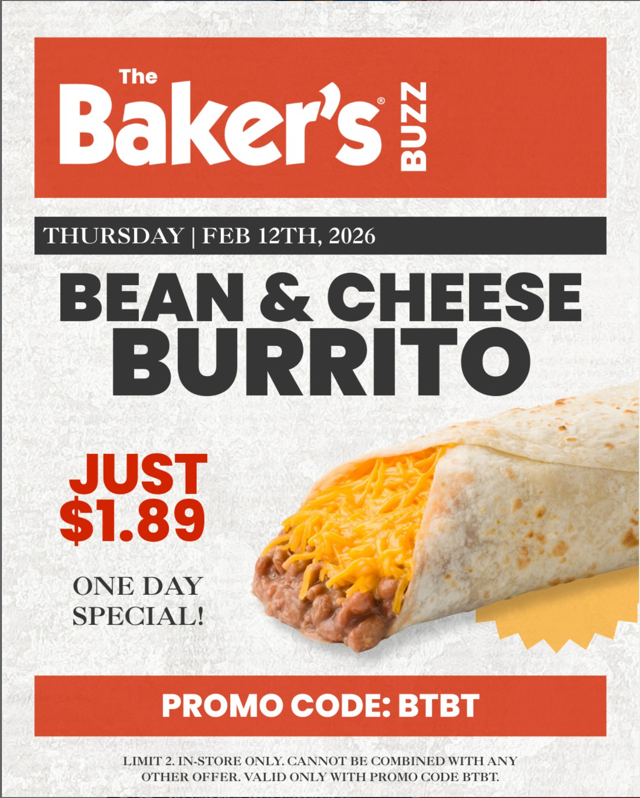 $1.89 Bean & Cheese Burritos at Baker's on 2/12