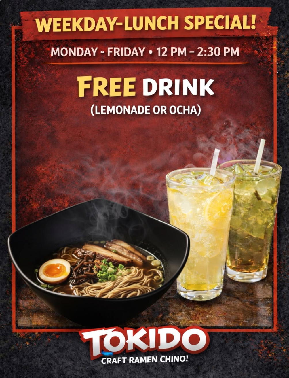 Free Drink with a Meal at Tokido Craft Ramen, Mon-Fr, 12-2:30 PM
