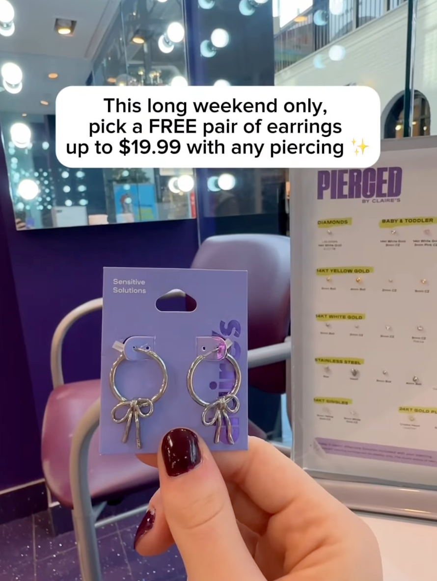 Free Earrings Up to $19.99 with Any Piercing + Buy 3 Get 3 Free at Claire's