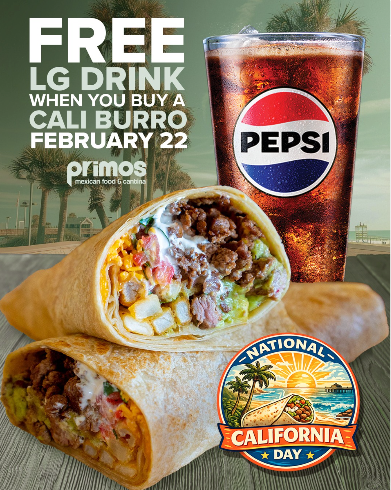 FREE Large Drink w/ Purchase at Los Primos Mexican Food on 2/22
