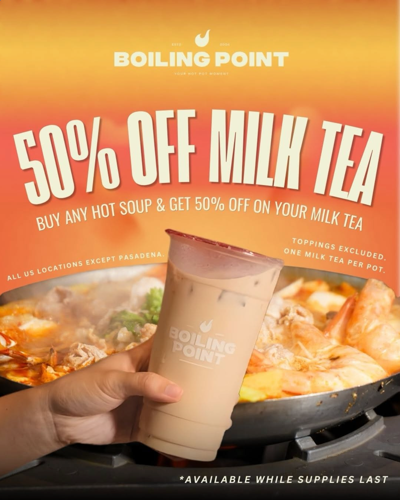 Buy Any Hot Soup, Get 50% OFF a Milk Tea at Boiling Point