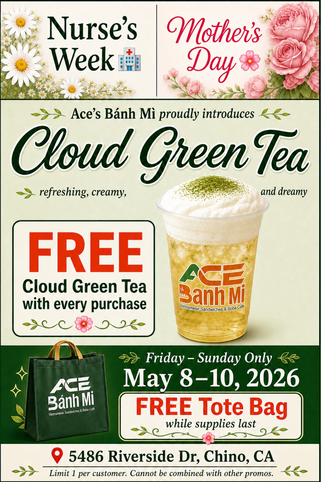 Free Cloud Green Tea and Tote Bag with Purchase at Ace Banh Mi 5/8-5/10