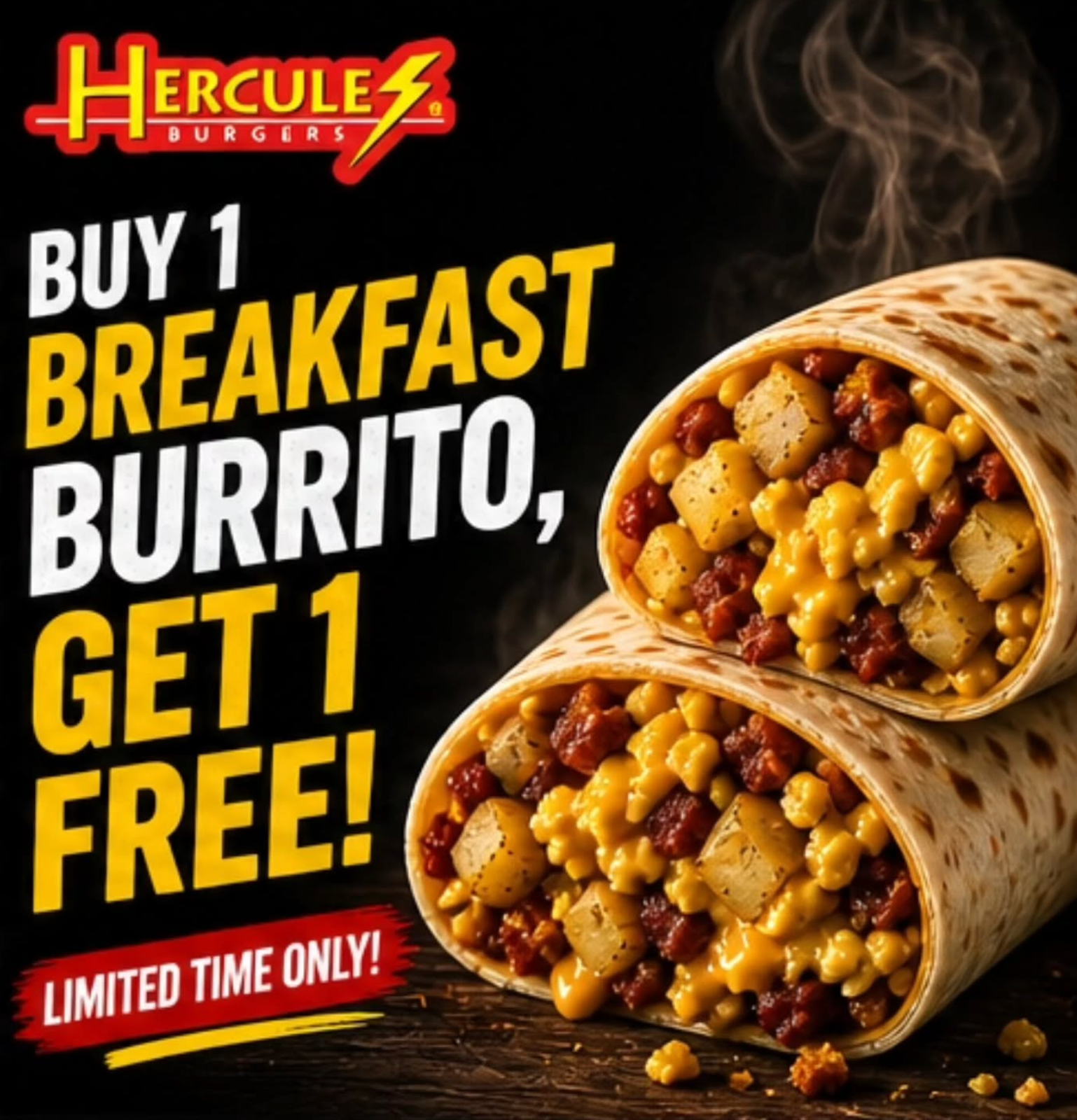 BOGO Breakfast Burritos at Hercules Burgers
