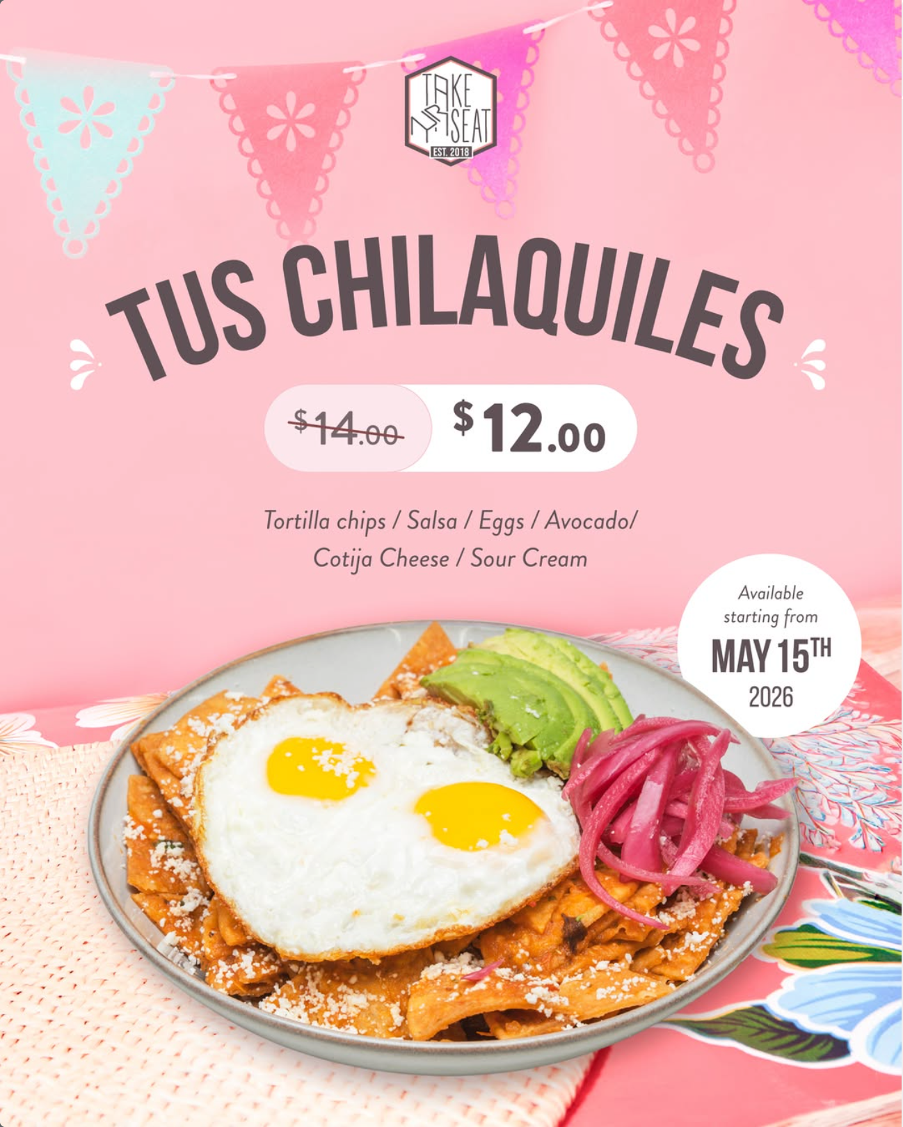 $2 Off Chilaquiles at Take Ur Seat Until 5/31