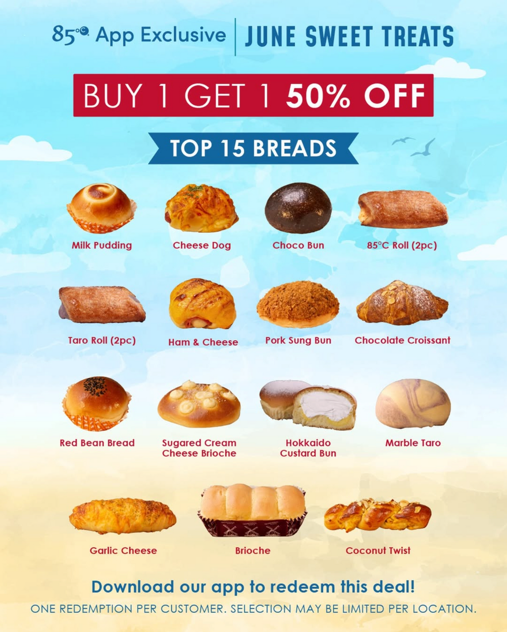 Buy 1 Get 1 50% Off Top 15 Breads & Free Pen with Matcha Purchase at 85°C Bakery in June
