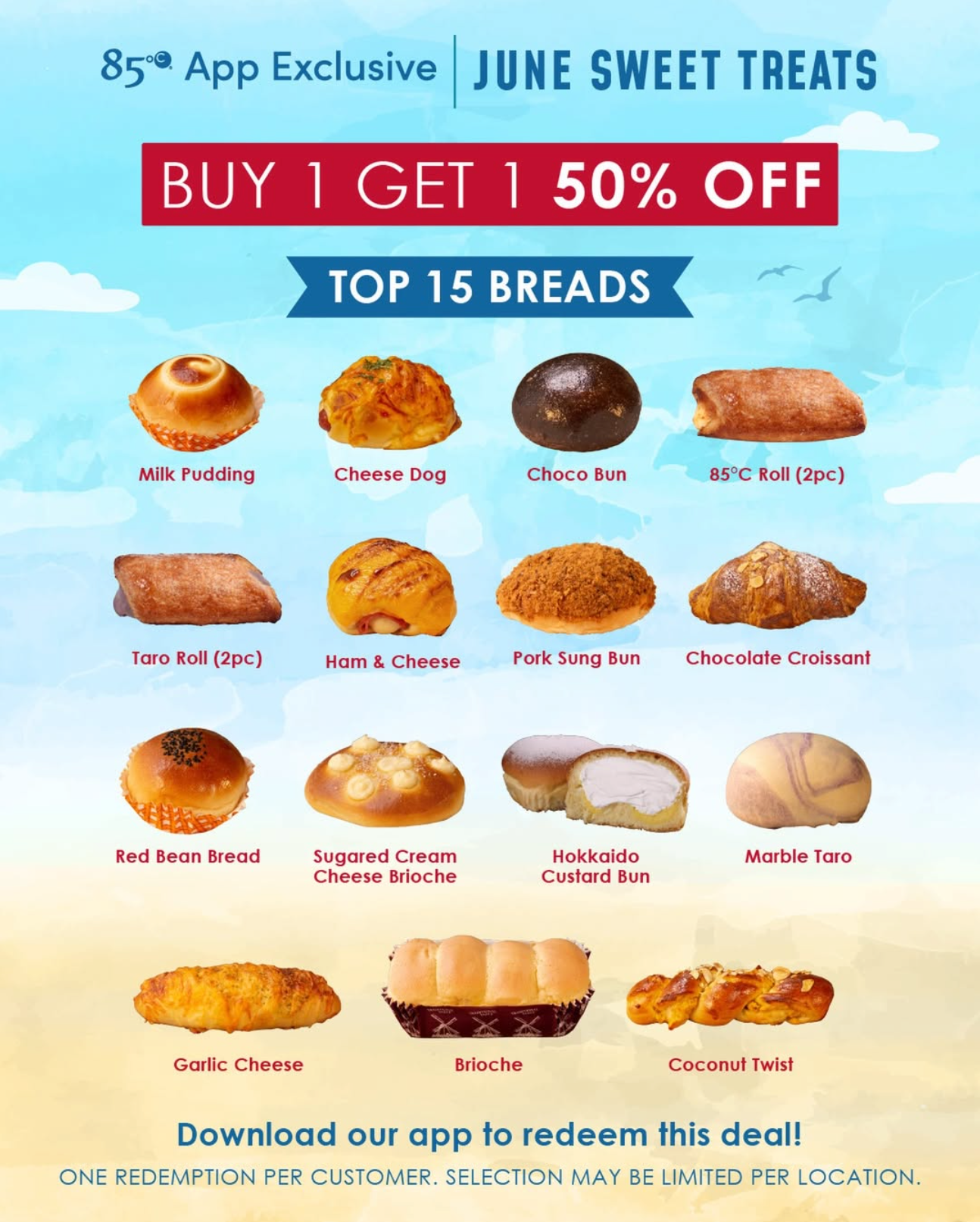 Buy 1 Get 1 50% Off Top 15 Breads & Free Pen with Matcha Purchase at 85°C Bakery in June
