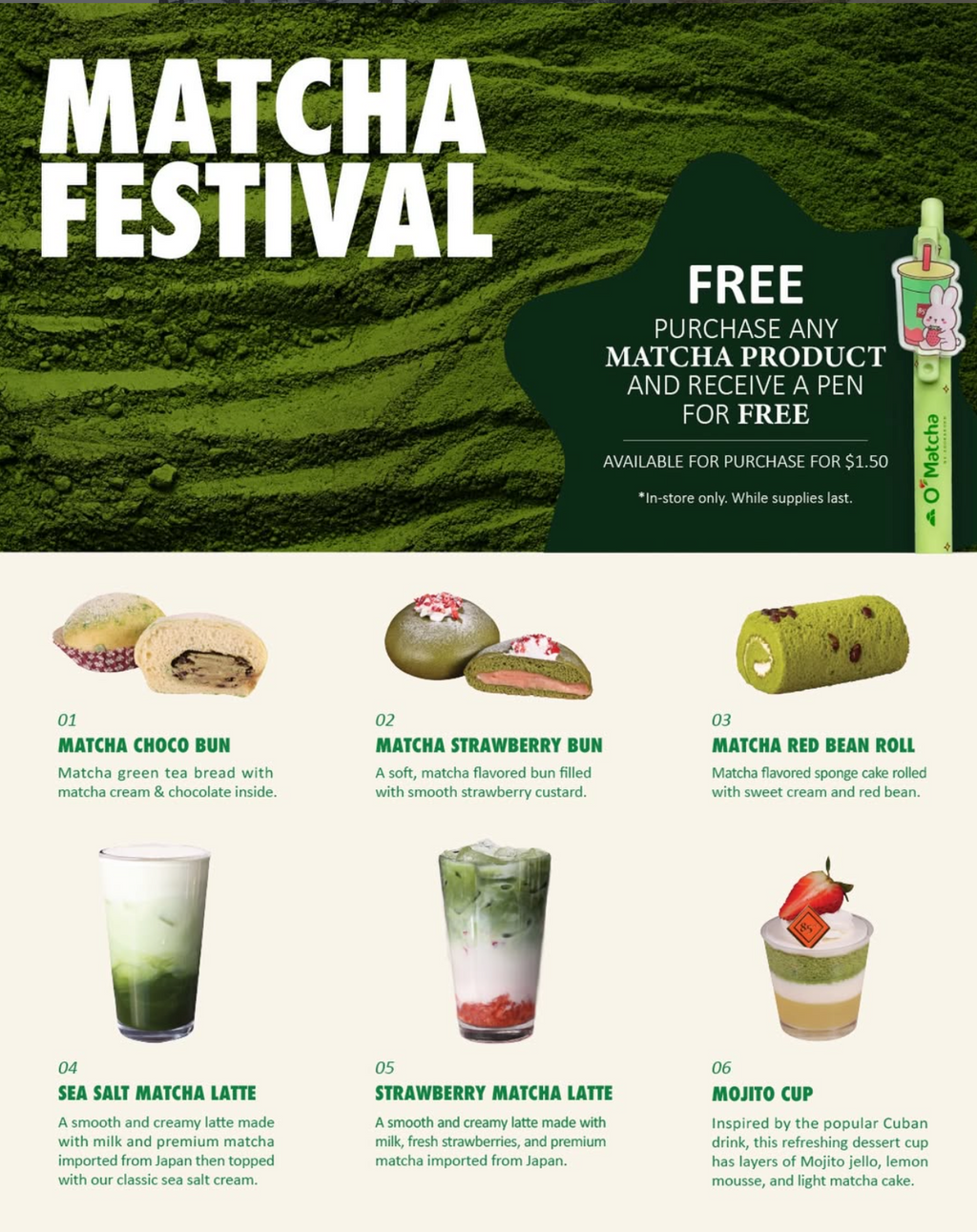 Buy 1 Get 1 50% Off Top 15 Breads & Free Pen with Matcha Purchase at 85°C Bakery in June