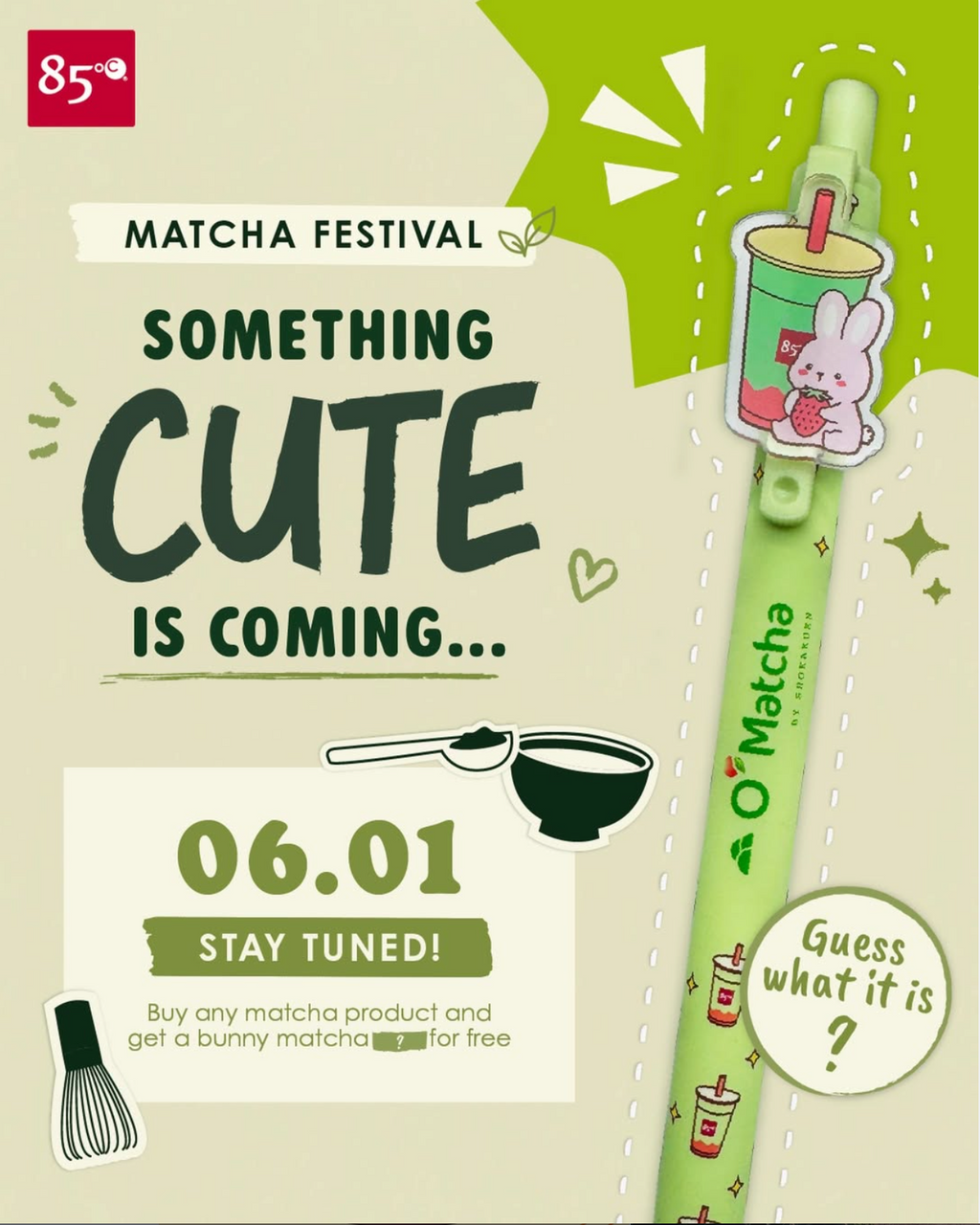 Buy 1 Get 1 50% Off Top 15 Breads & Free Pen with Matcha Purchase at 85°C Bakery in June