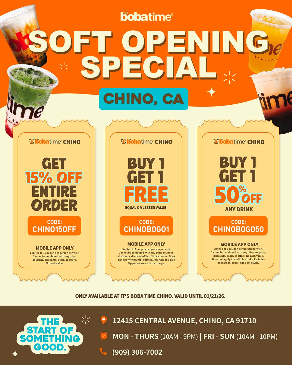 It's Boba Time Chino Soft Opening Specials