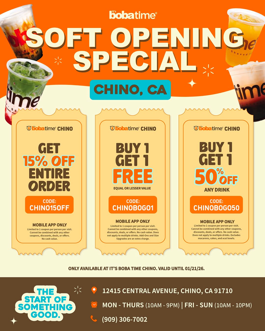 It's Boba Time Chino Soft Opening Specials