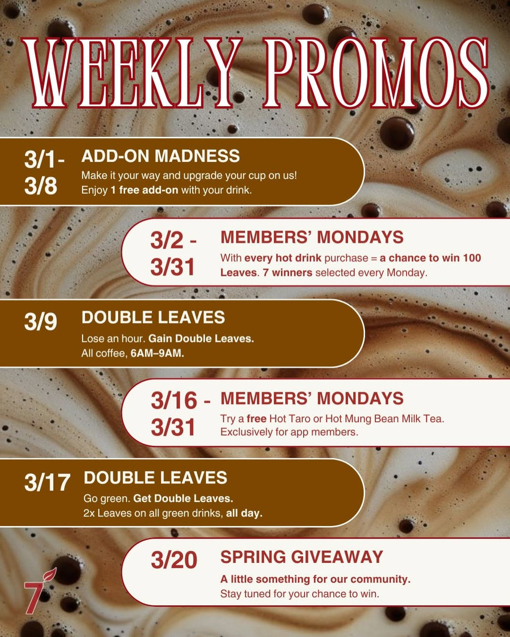 March Promos at 7 Leaves Cafe