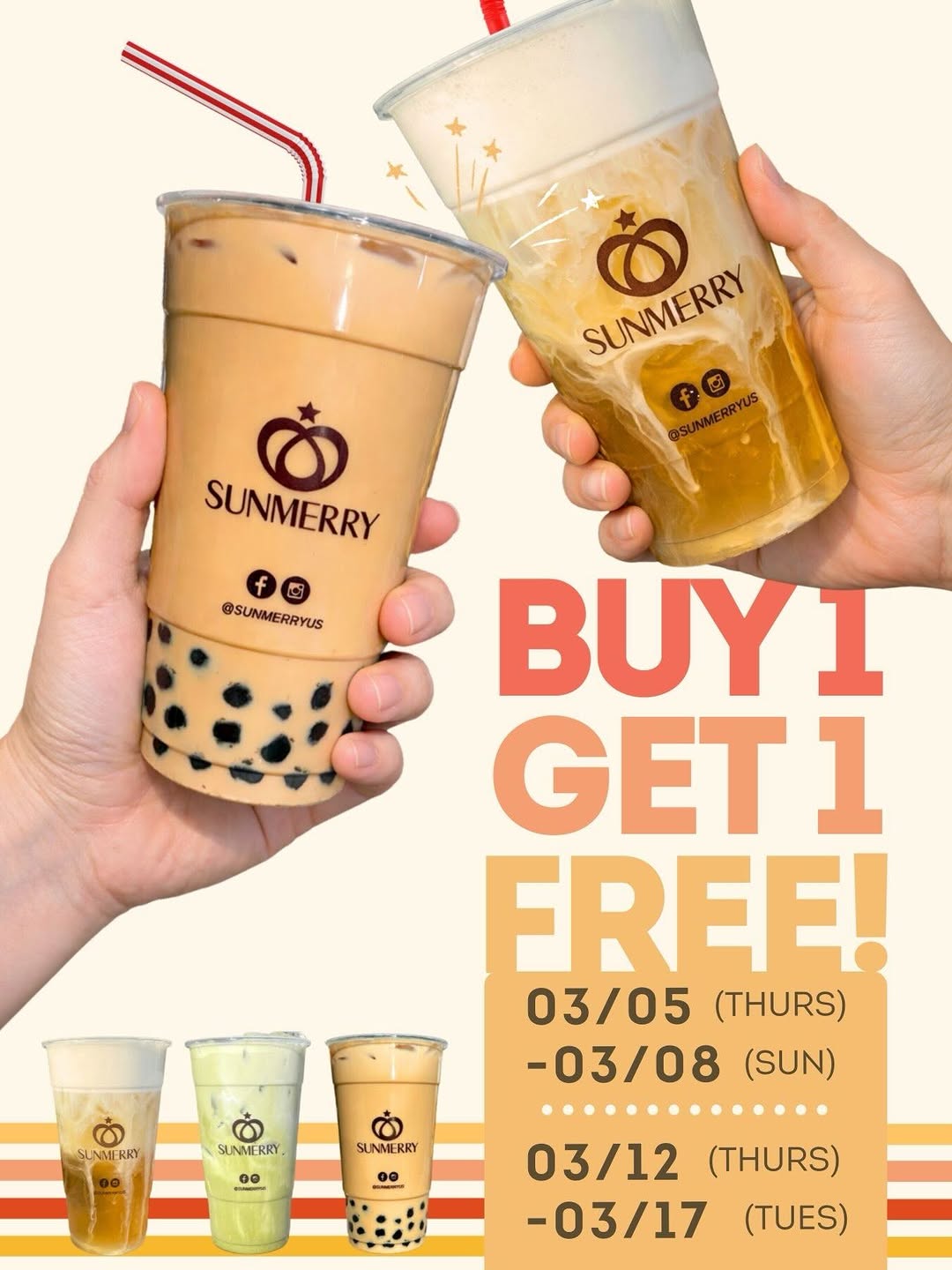 BUY 1 GET 1 FREE Drinks at Sunmerry Bakery Until 3/17