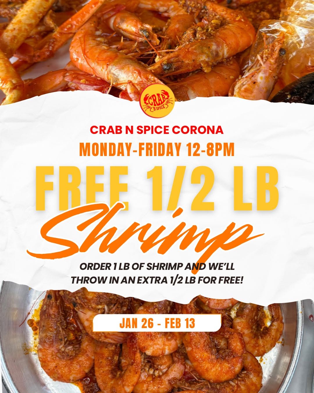 Free 1/2 lb Shrimp with 1 lb Order at Crab N Spice